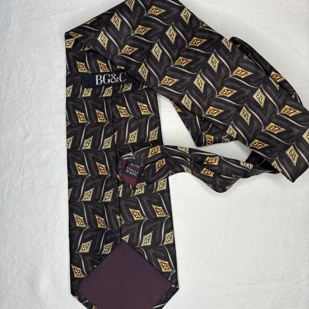 BG&C 100% Silk Hand Sewn Mens Tie Black Gray Gold Geometric Classic Made in USA